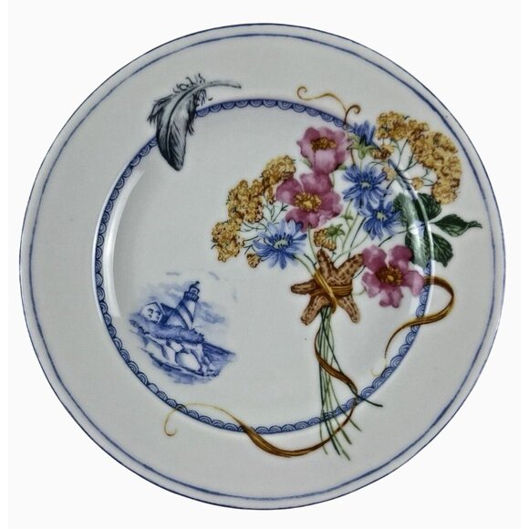 222 Fifth 8" Appetizer Plate Beachcomber Lighthouse Feather Seashells Flowers - Picture 4 of 6